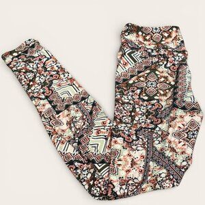 LuLaRoe Black Pink White Green Floral Rose Aztec Geometric Leggings OS